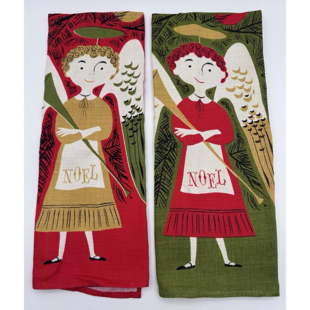 MCM Tammis Keefe Linen Tea Towel Set Noel Angels Trumpet Tree 1950s Christmas
